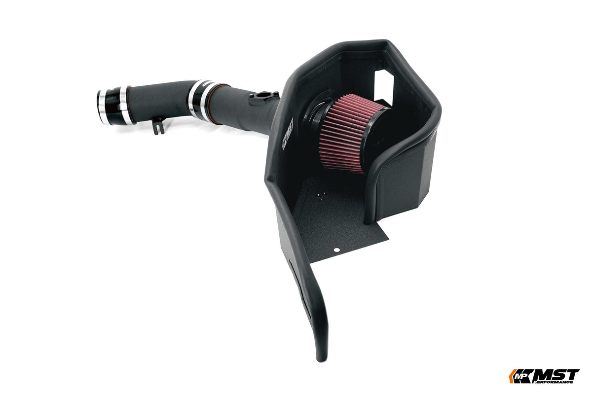 MST GR Yaris intake heat shield and filter with intake pipe and silicone joiners, side view