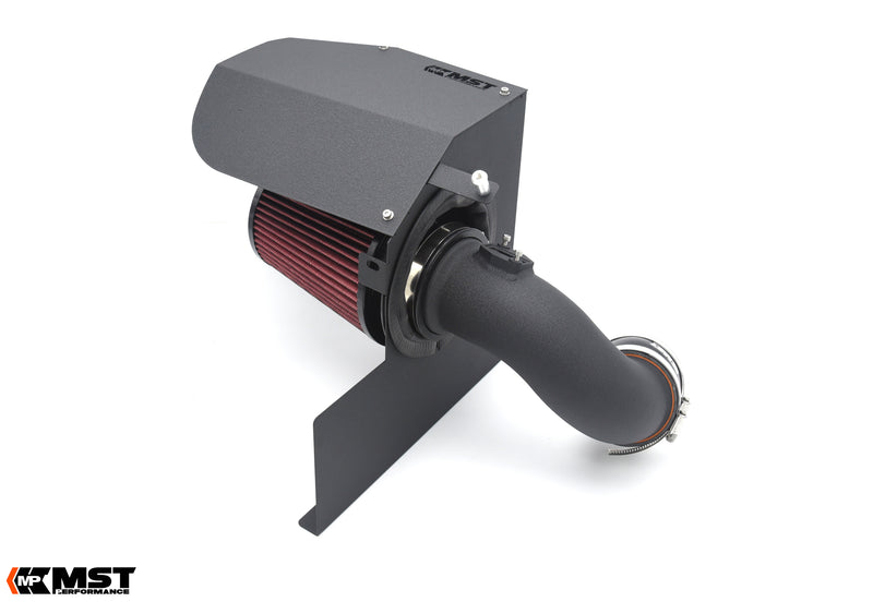 MST cold air intake for the BMW B48 F-series with the heat shield cover fitted and black intake pipe - MST Performance