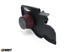 MST N55 cold air intake heat shield with red cone filter, side view - MST Performance Thumbnail