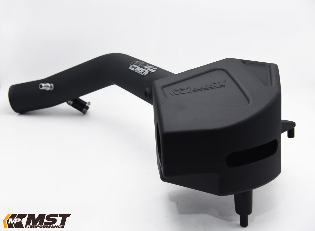 MST Focus ST intake enclosed heat shield box with MST logo, close-up