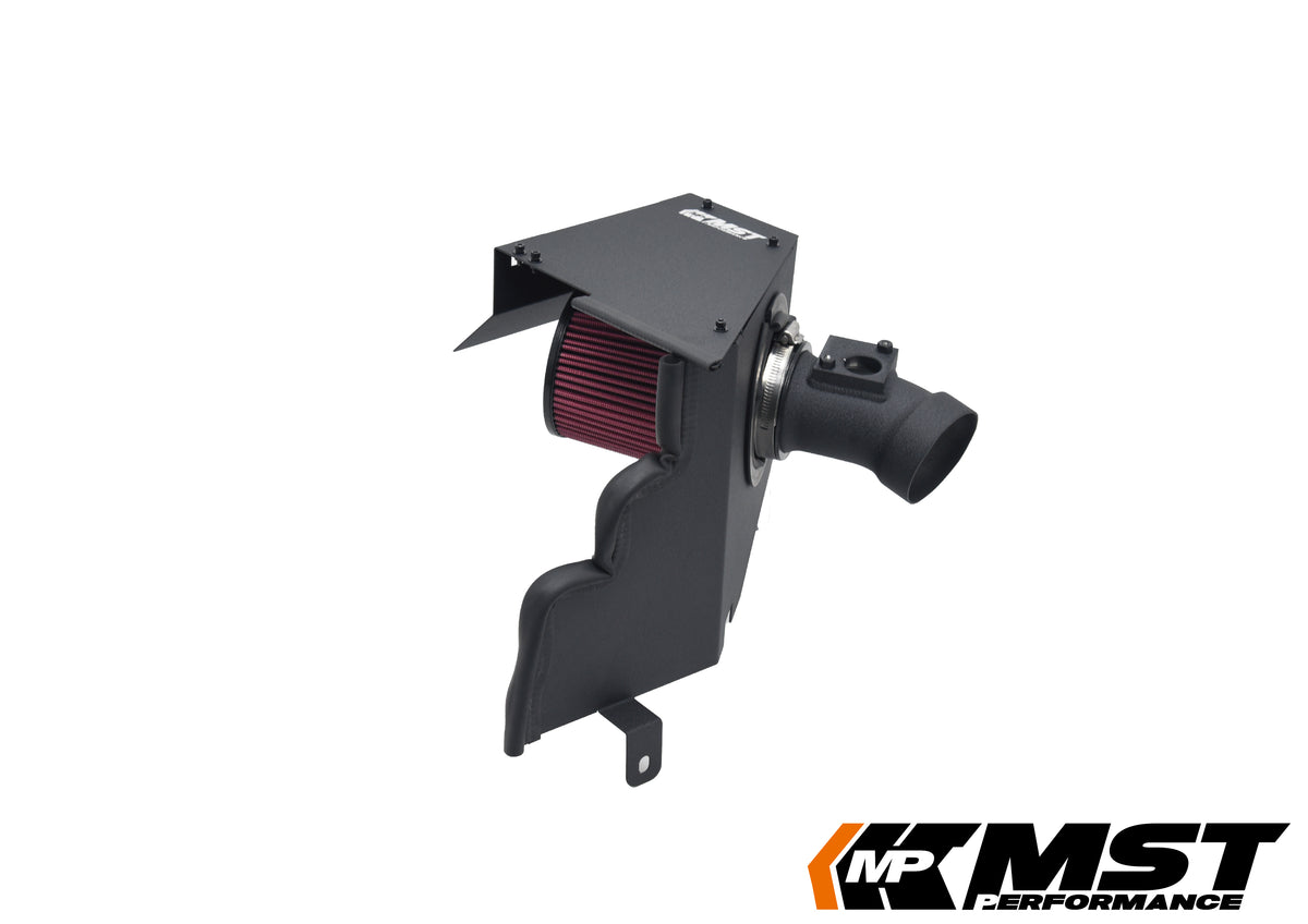 MST WRX STI EJ257 intake assembled: black heat shield, red filter and intake tube