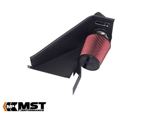 MST VR6 3.2 cold air intake with red cone filter on a black heat shield - MST Performance