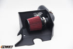MST EA211 1.4 TSI cold air intake with red cone filter in a black heat shield, front view - MST Performance Thumbnail
