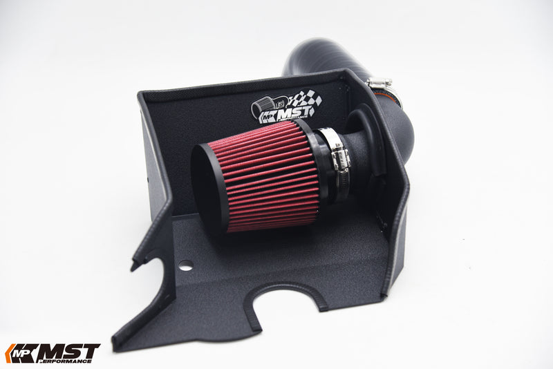 MST EA211 1.4 TSI cold air intake with red cone filter in a black heat shield, front view - MST Performance