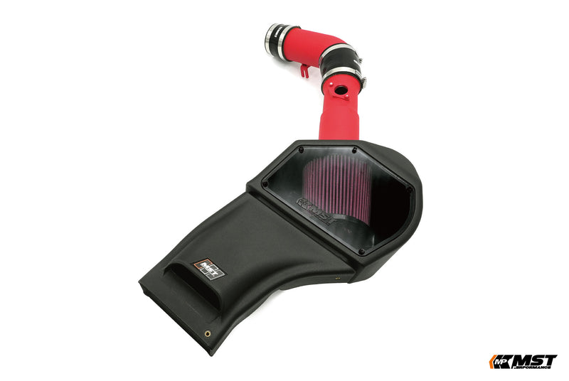 MST covered cold air intake for the GR Yaris: black airbox with clear cover, cone filter and red intake pipe - MST Performance