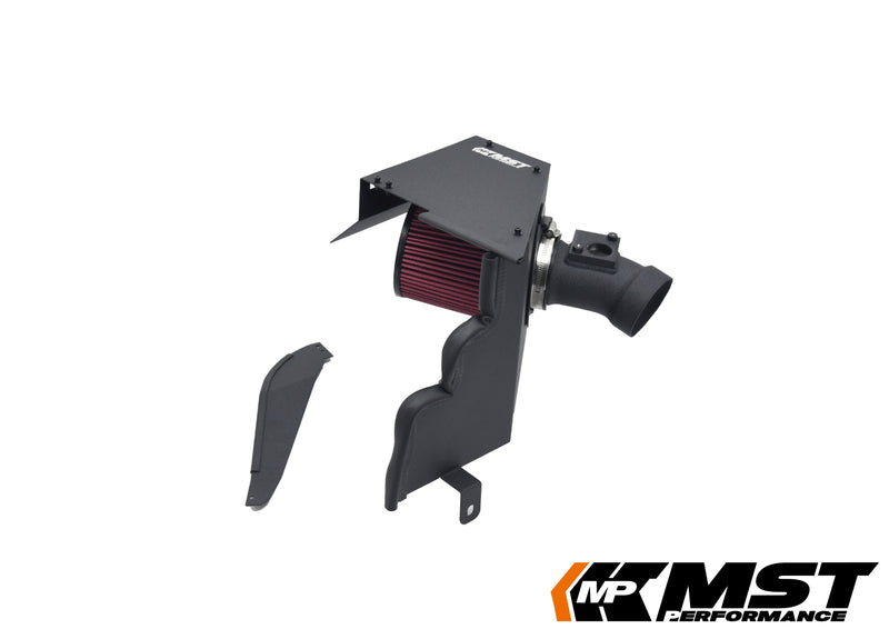 MST Subaru WRX STI cold air intake with red cone filter, aluminium MAF tube and heat shield, side panel removed - MST Performance