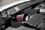 MST red cone filter and intake pipe fitted in the airbox of a Volvo V40, cover off, close-up - MST Performance Thumbnail
