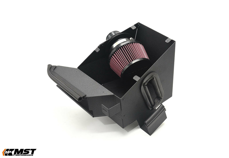 MST cold air intake for the Mercedes A180 / A200 W177 with cover off, showing the red cone filter in the heat shield - MST Performance