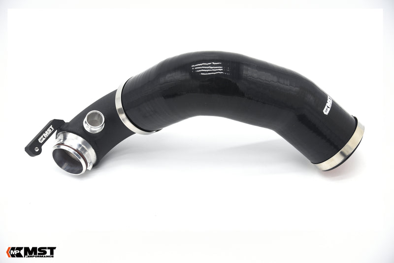 MST 3in turbo inlet kit V2 for the EA888 Gen 3: black silicone hose joined to the aluminium inlet - MST Performance