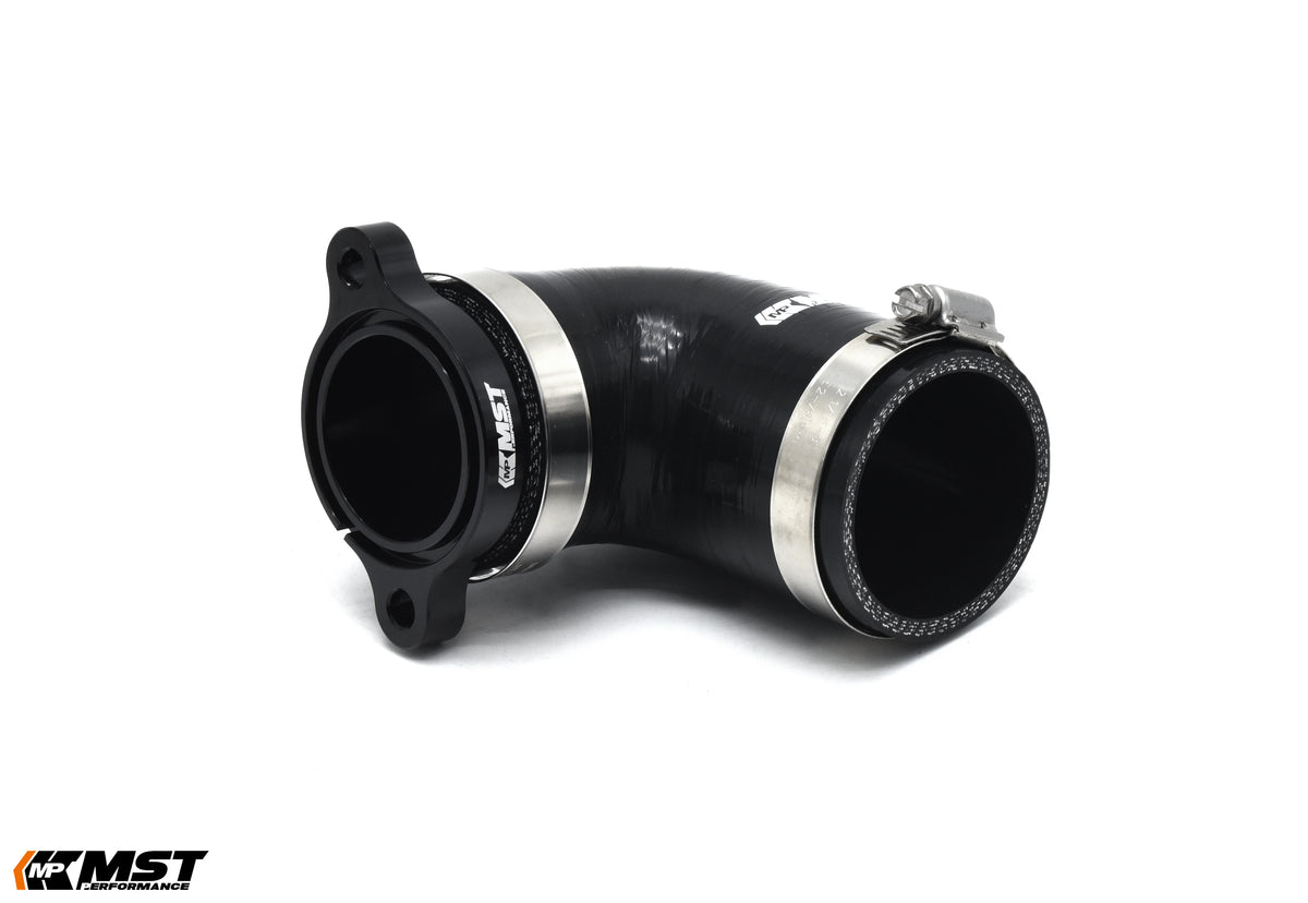 MST GR Yaris / GR Corolla turbo inlet pipe: black silicone elbow with machined MST adapter and clamps