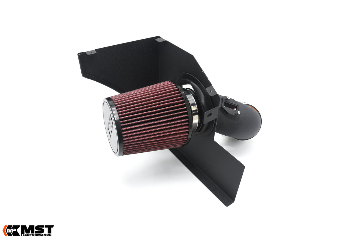 MST cold air intake for the BMW B58 F-series: heat shield, red cone filter and black 3.5in tube