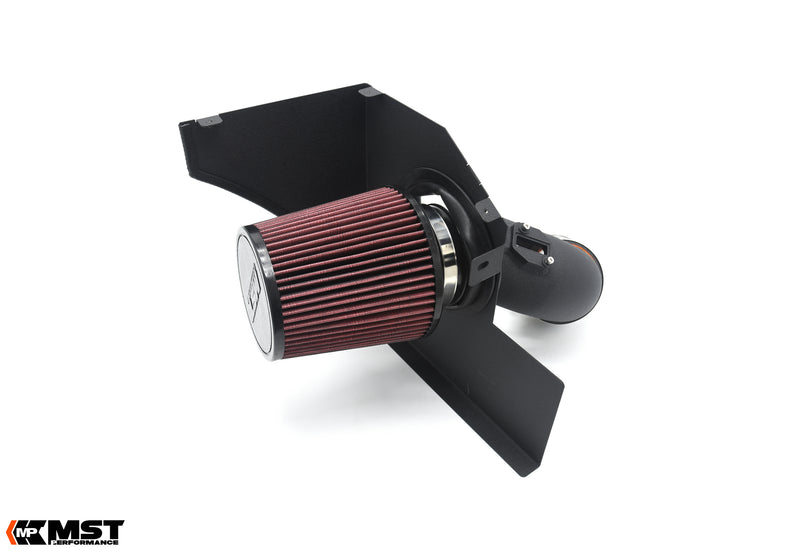 MST cold air intake for the BMW B58 F-series: heat shield, red cone filter and black 3.5in tube - MST Performance