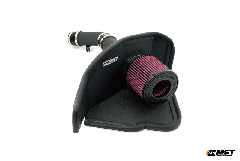 MST Toyota GR Corolla cold air intake: red cone filter in a black moulded heat shield with black intake pipe - MST Performance