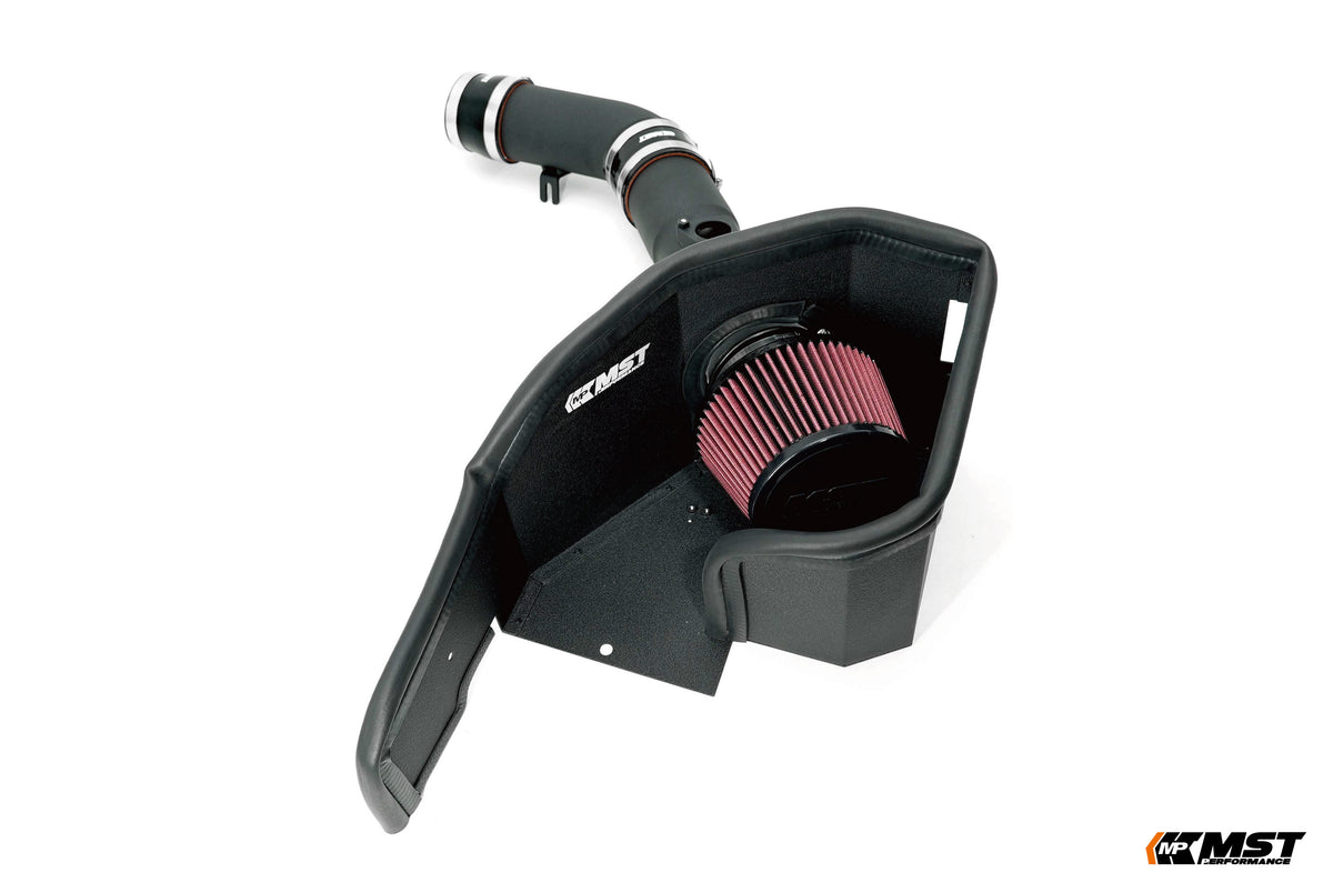 MST Toyota GR Yaris cold air intake: red cone filter in a black moulded heat shield with powder-coated pipe