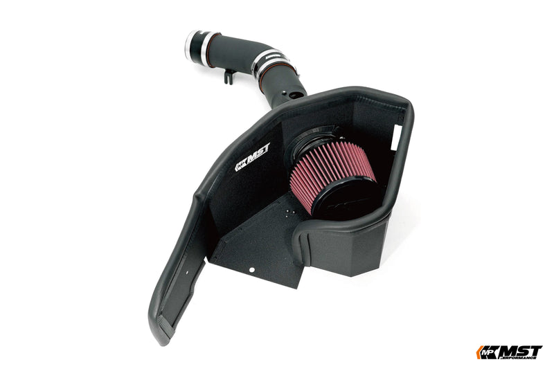 MST Toyota GR Yaris cold air intake: red cone filter in a black moulded heat shield with powder-coated pipe - MST Performance