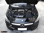 MST cold air intake fitted in a black Mercedes-Benz CLA engine bay, front view with bonnet open - MST Performance Thumbnail