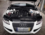 MST cold air intake fitted in a white Audi A4 B8, front view with the bonnet up - MST Performance Thumbnail