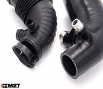 MST silicone turbo inlet hose next to the factory corrugated N13 hose, close-up - MST Performance Thumbnail