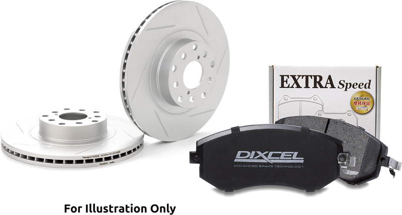 PARAGON slotted rotors and DIXCEL brake pads (product illustration)