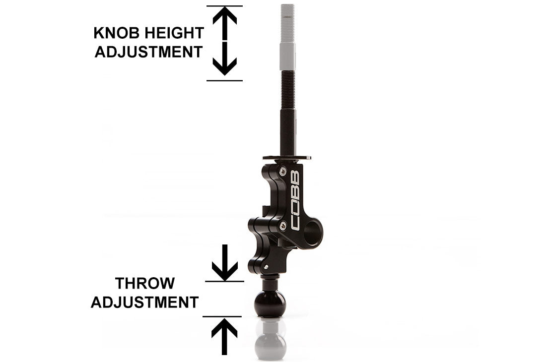 COBB 6-speed double adjustable short throw shifter – knob height and throw adjustment diagram