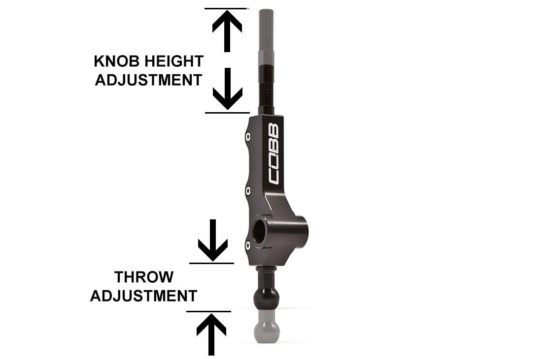 COBB double adjustable short throw shifter – knob height and throw adjustment diagram (product illustration)